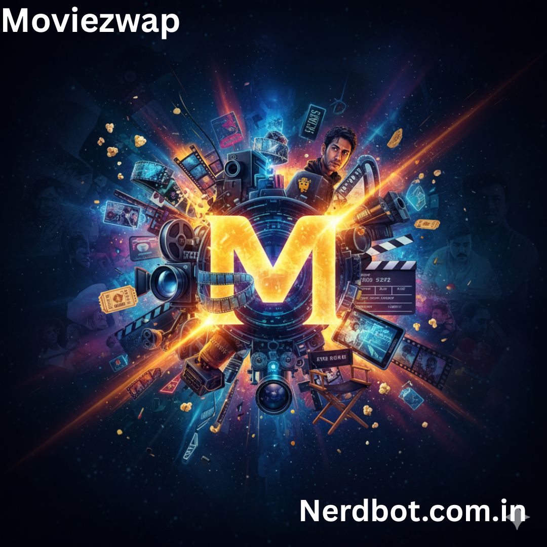 "M" akshar ke charon or film reels, popcorn, camera, aur anya cinematic elements ke saath ek vibrant, sci-fi style movie poster.